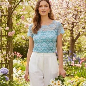 SHEIN Chic teal Blue Floral Lace blouse fitted Top feminine extra STRETCHY Sz M